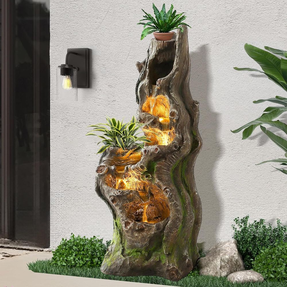 Outdoor Lighting Deck - Outdoor 6-Tier Cascading Tree Trunk Fountain